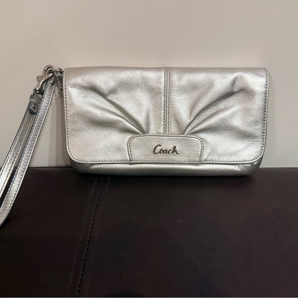 Coach Metallic Silver Wristlet Clutch